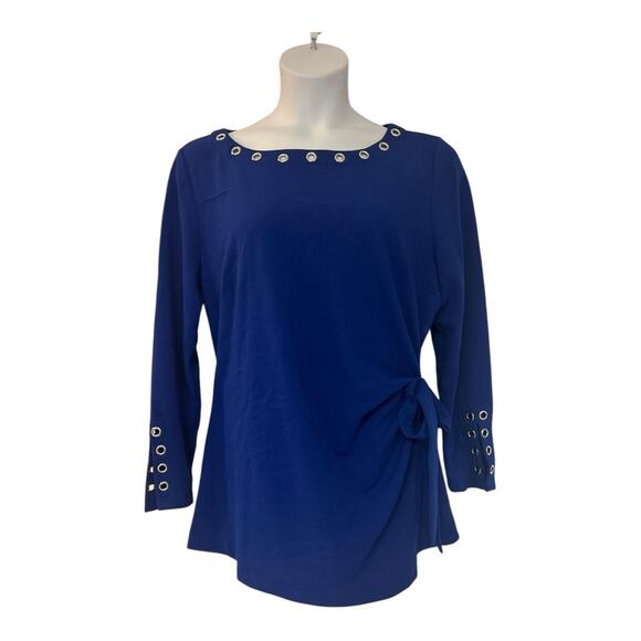 Midnight Velvet Grommet Tunic Stretchy Office Desk to Dinner Party Blue Pantset - Picture 8 of 16